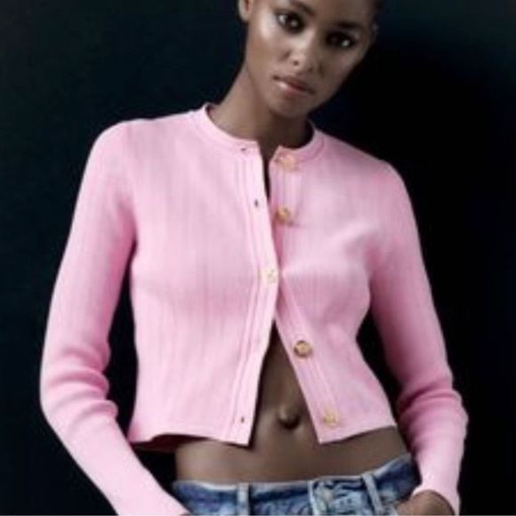 Zara Pink Knit Button Down Cardigan Sweater Women's Size M Barbiecore Academia - Picture 3 of 11